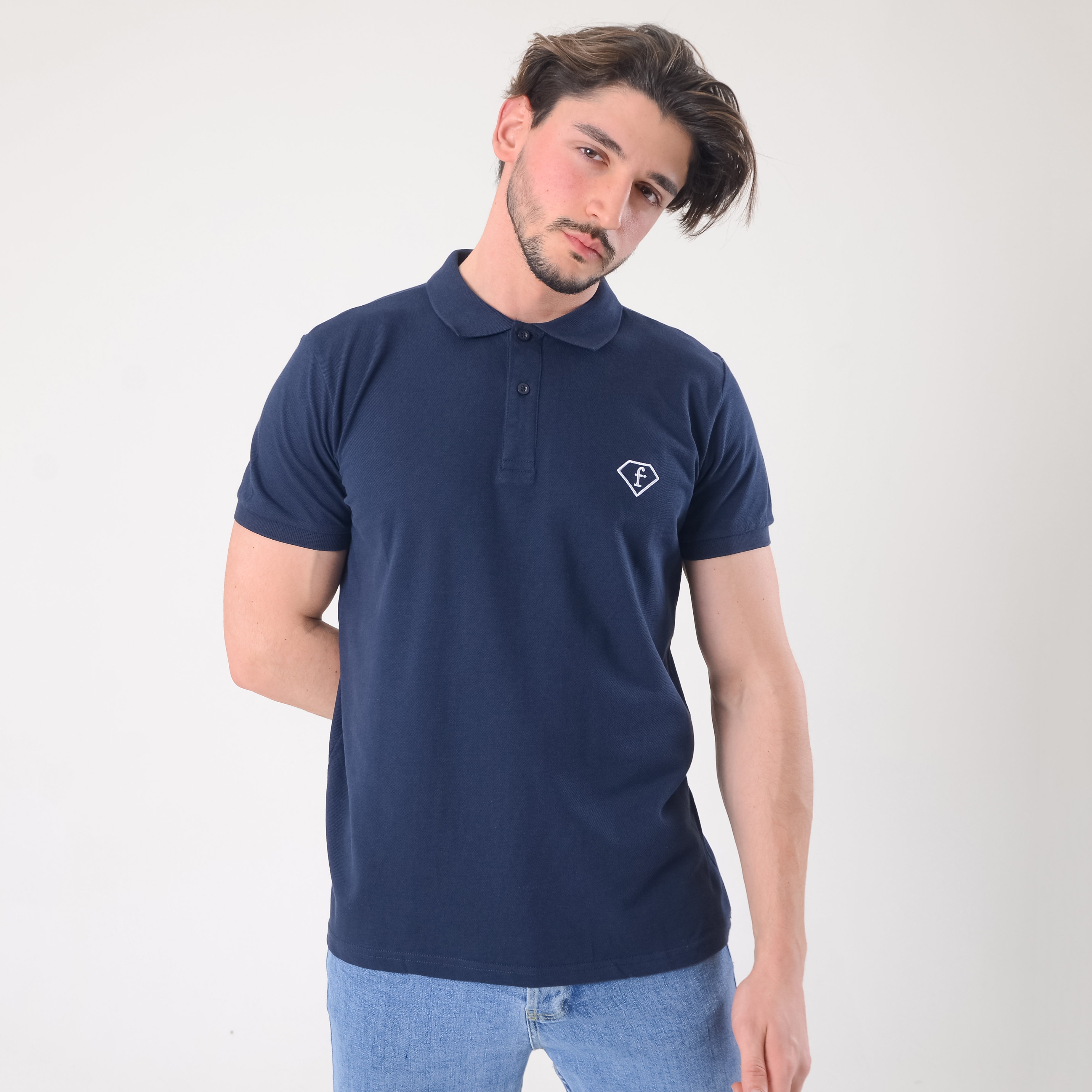 FashionTv LACİVERT Beyaz Nakışlı POLO YAKA T-SHIRT